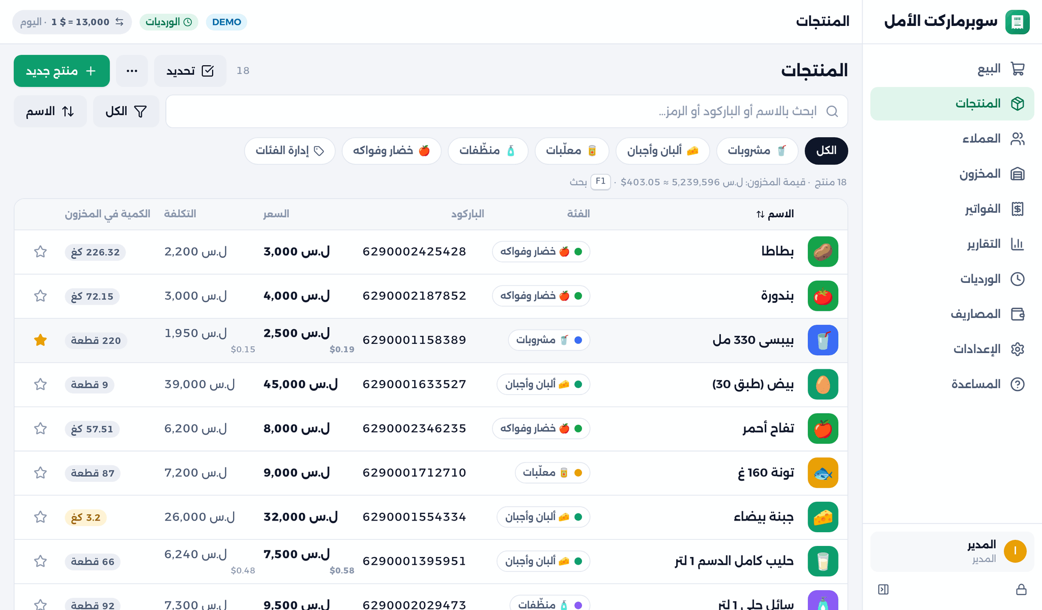 قائمة المنتجات على الحاسوب مع السعر والتكلفة والكمية